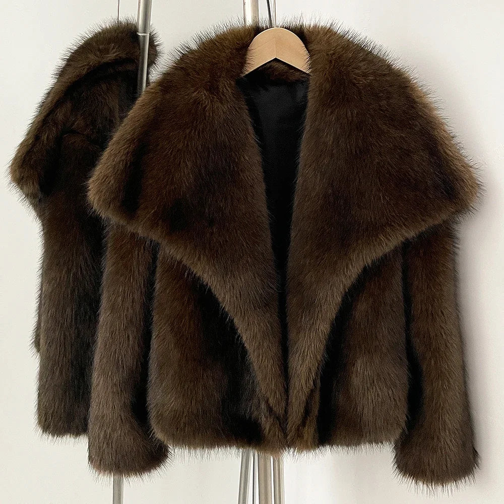 Fuax Fur Coat Fashion Oversized Turn Down Collar Fluffy Women Vintage Faux Fur Jacket Coats Winter Clothes Women 2025