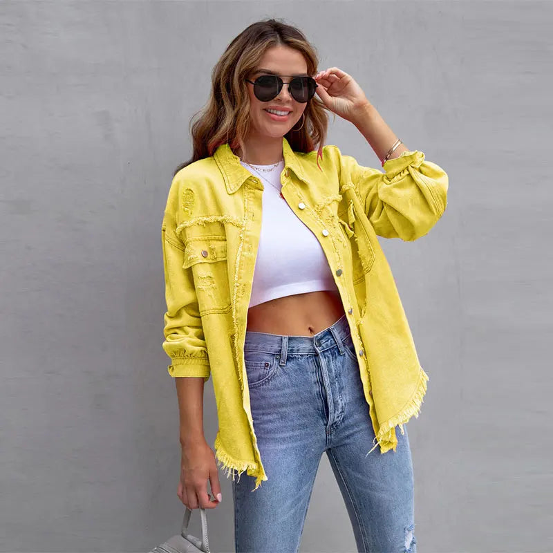 2025 New Leisure Denim Jacket Women Solid Color, Loose, Ripped, Long-Sleeved, Lapel, Fashionable Elegant Denim Jacket Female