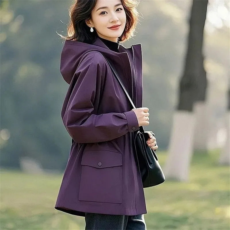 Super Good-Looking Women's Wear Slim Windbreaker Coat Hooded Jacket 2025 New Retro Female Explosive Purple Trench Coat Outwear