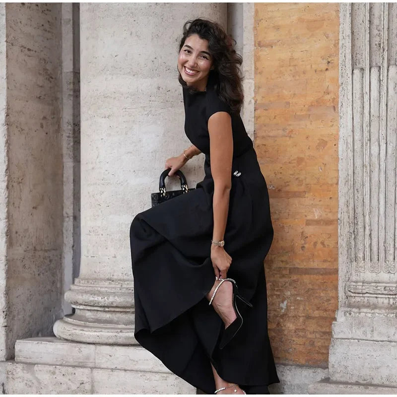 Elegant Brown Diagonal Neck Long Dress Vintage Women's Loose Black Metal Buckle Sleeveless Maxi Dresses Female 2025 Summer Robe