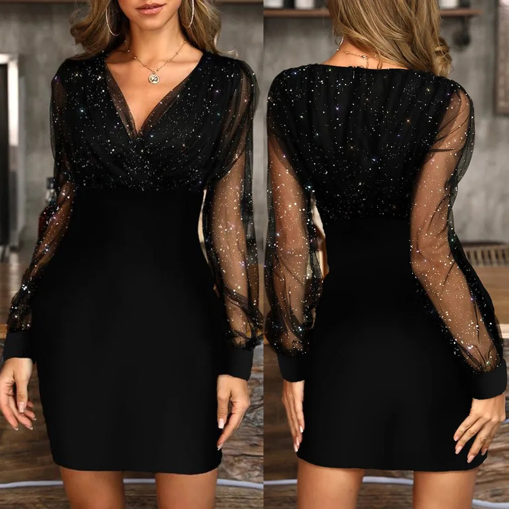 Ladies' Retro Elegant Mesh Long Sleeve Evening Short Dress