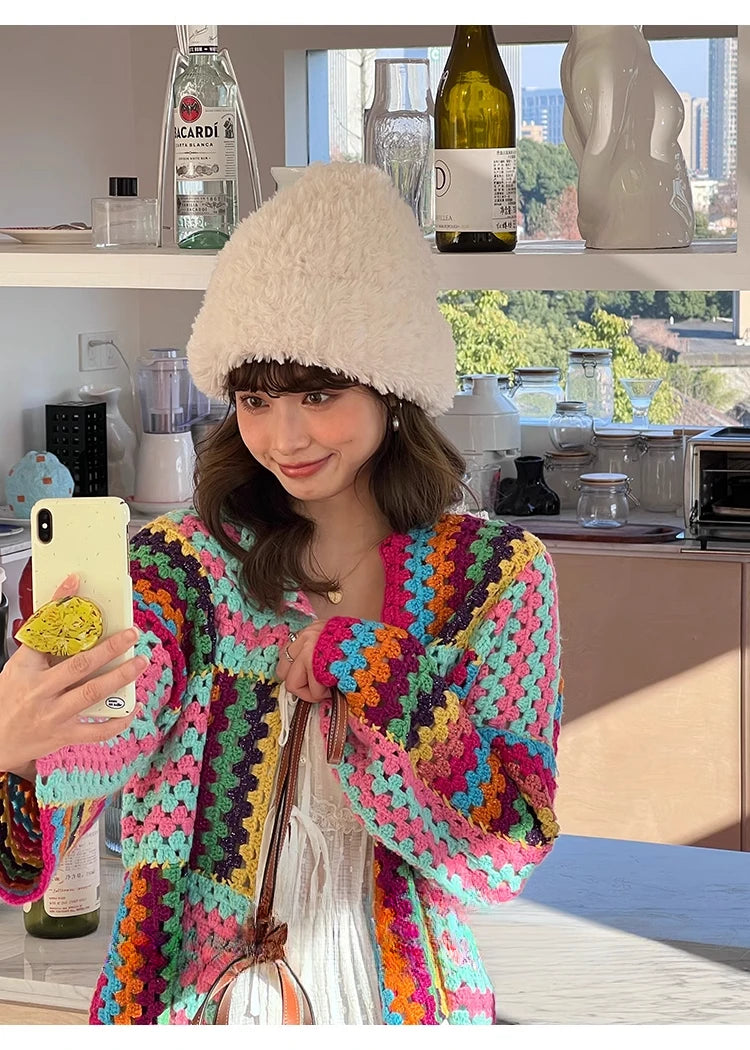 Colorful Knit Stitch Hollow Out Cardigan Oversize Women Crochet Tops