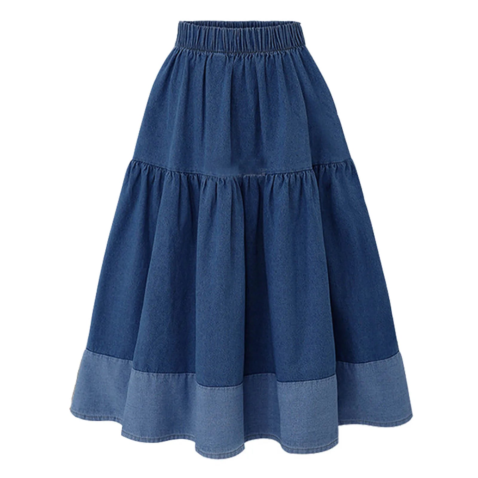 Blue Denim Skirt Womens High Waist Tiered Long Skirts Denim Elastic Casual Dress Elastic Waist A Line Jeans Skirt Girls Clothes