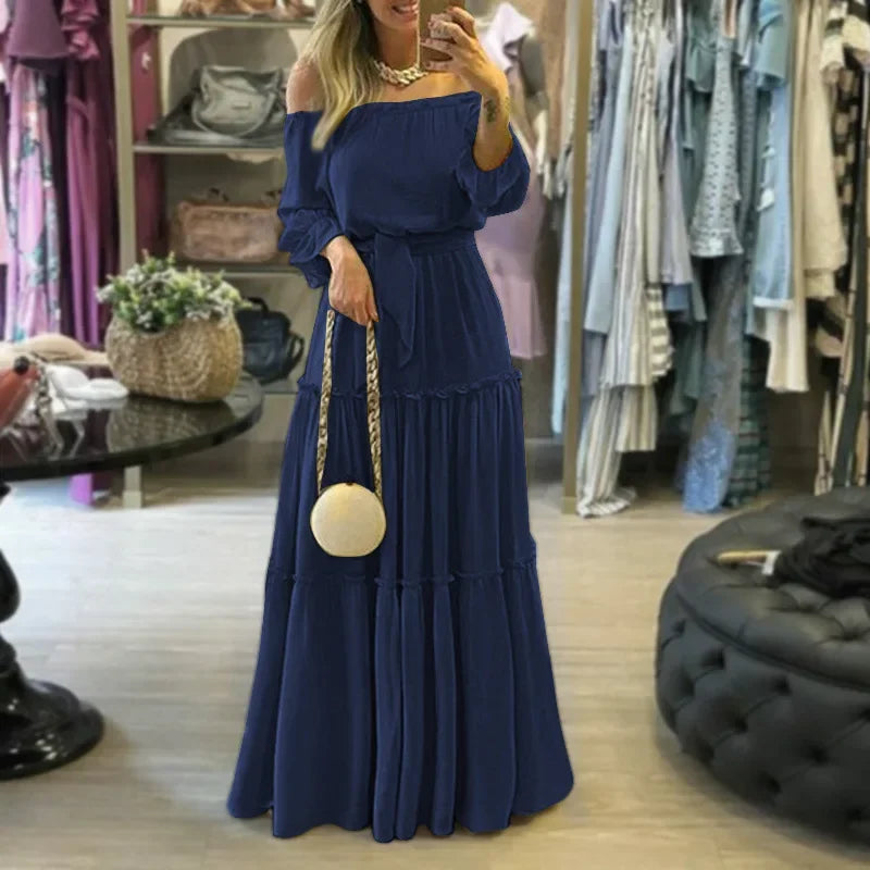 Summer Ruffle Edge Boho Sexy Off-The-Shoulder Long Dress Women's Fashionable Outside Market Fast Selling
