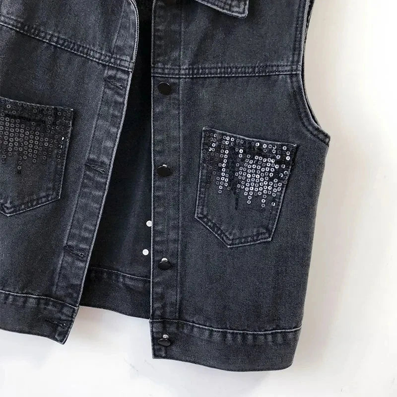 2024 Fashion Design Sequins Denim Vest Summer Autumn Women's Waistcoat Korean Leeveless Denim Jeans Jacket Female Vest Tops