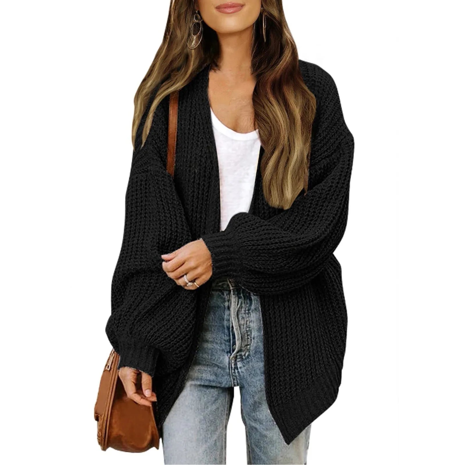 Autumn And Winter Women's Solid Color New Sleeve Coarse Wool Pocket Knitted Cardigan Sweater Sweater For Women S-2XL