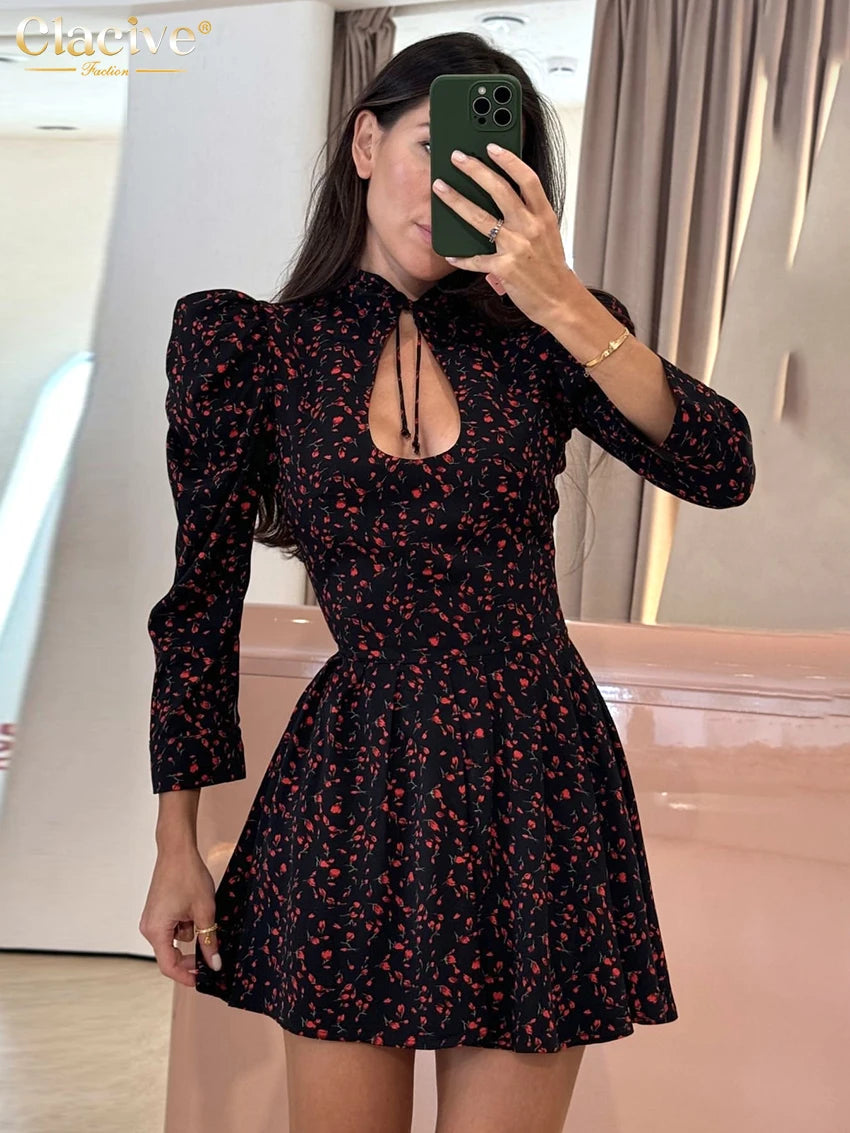 Clacive Fashion Slim Print Women's Dress Sexy Stand Collar Long Sleeve Mini Dresses Elegant Classic Hollow Out Female Dress