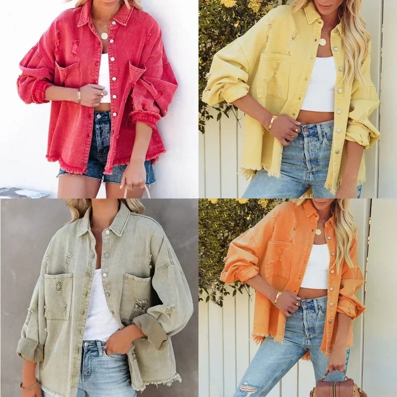 CasualdenimJacketWomen's Clothing Fringe European Style Solid Color Wash Jacket Loose Fit From China For All Seasons