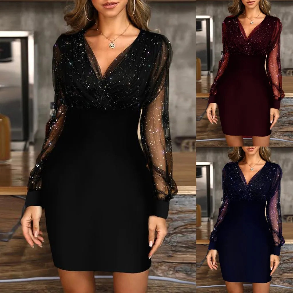 Ladies' Retro Elegant Mesh Long Sleeve Evening Short Dress