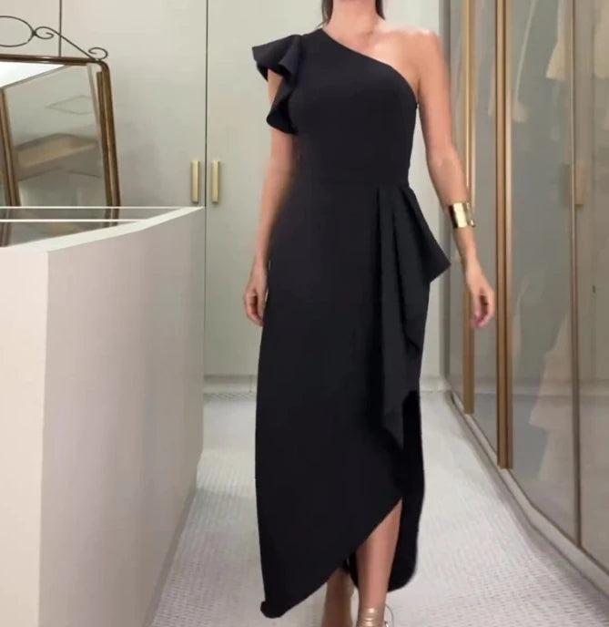 Summer Dress Women's Fashionable Solid Color Diagonal Collar Lace Sleeve Slit Sexy Long Dress Ruffled Edges Sleeveless Dress