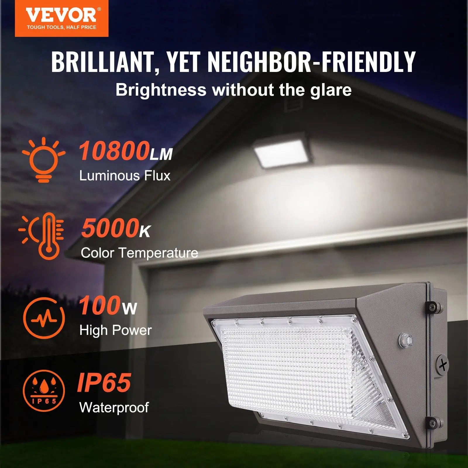 2PCs LED Wall Pack Lights, 100W 10800LM, 5000K Commercial Outdoor Lights Security Lighting Fixture, with Intelligent Light Sensi