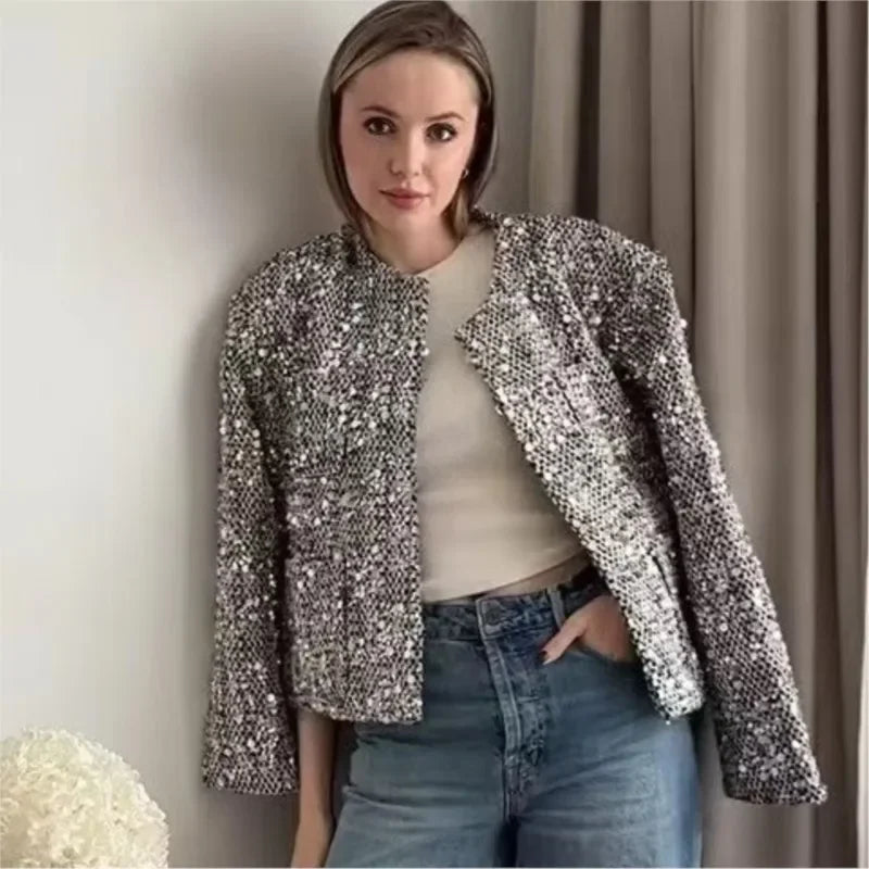 Party Club chic shiny Blazer sliver Sequin Women Jacket Long Sleeve Slim Cardigan Dress Up Streetwear Open Front Female Clothing