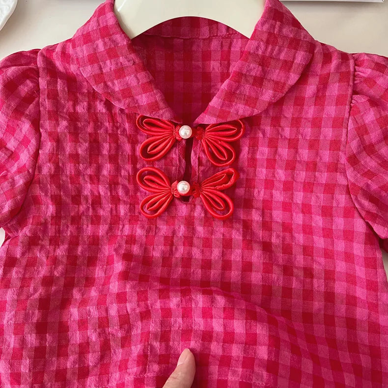 Children's Clothing Sets Plaid Sleeveless Top + Skirt 2pcs Sets Traditional Chinese Style Girl Clothes 2 To 7 Years Outfit Set