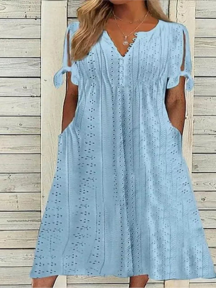 Summer New Women's Mid Length Dress With Sexy Holes Hollowed Out Lace Up V-neck Pleated Edges Fashionable Patchwork Dress