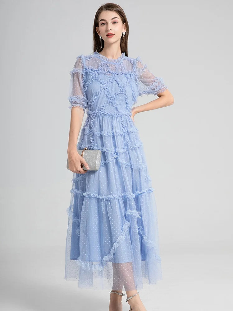 Long Summer Cake Prom Dress Women's Elegant Dot Robe Luxury Ruffles Gauze Mesh Embroidery Edible Tree Fungus Wedding Vestido