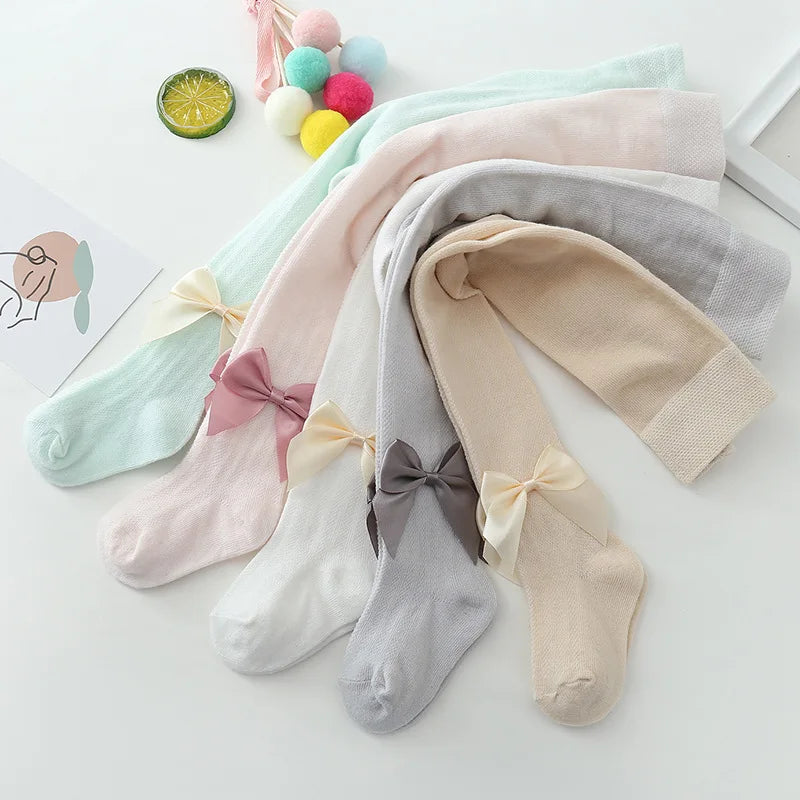 2025 Summer Girls Pantyhose Soft Cotton Breathable Mesh Bow Tie Decor Tights Stockings Princess Baby Kids Anti-mosquito Leggings