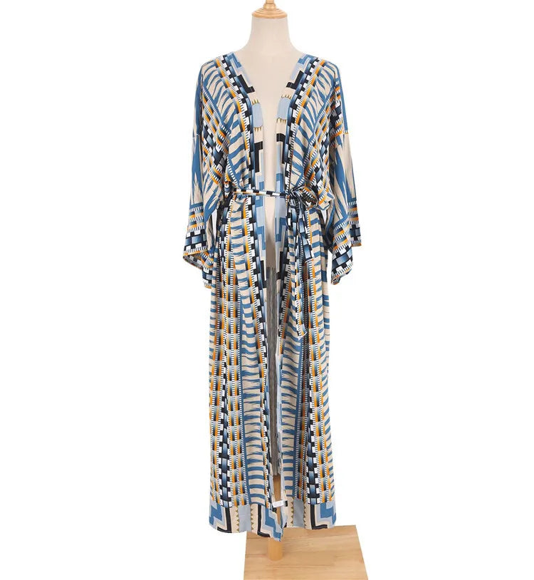 Beach Cover Up Over Sized Kimonos Women's Geometry Print Rayon Kimonos with Belt for Summer