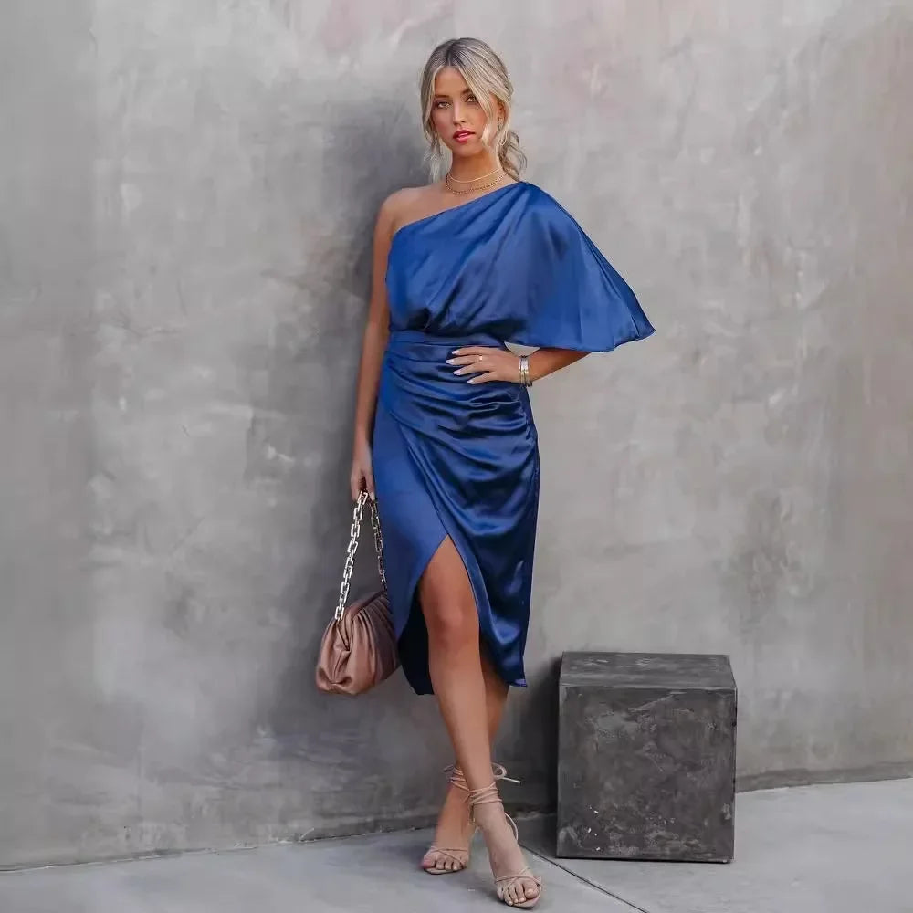 Elegant Pleated Solid Women Dress Single Sleeve Diagonal Collar Mini Dress Irregular A-line High Waist Party Evening Dresses
