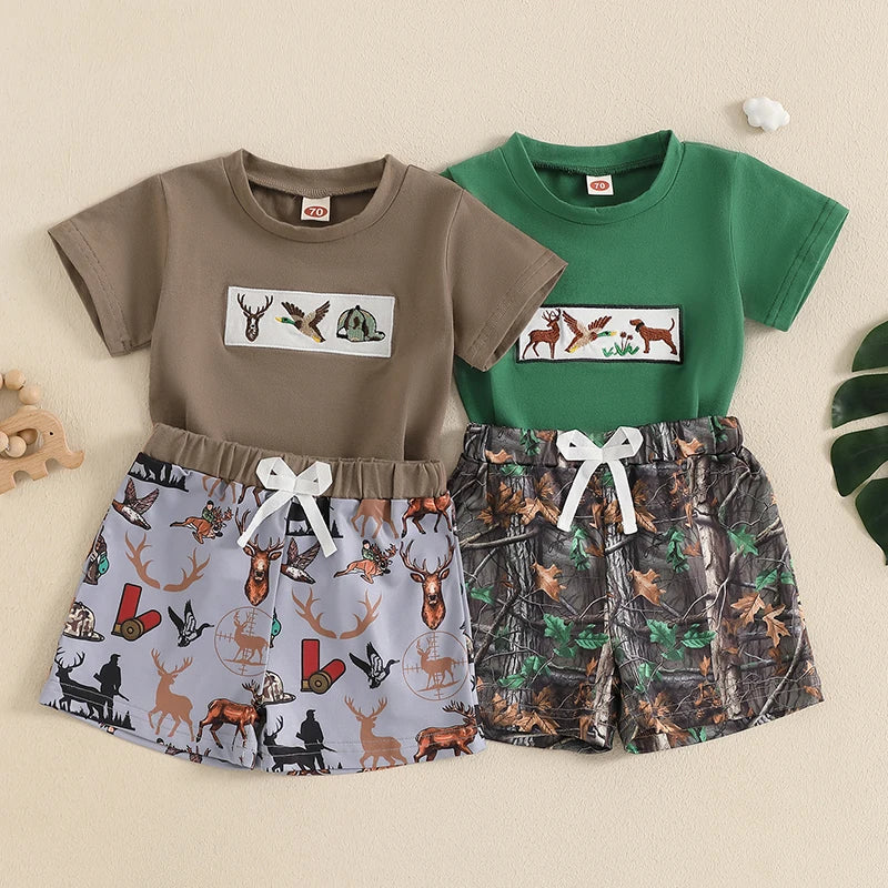 Summer Infant Kids Boy Clothes Sets Fashion Wild Goose Animals Embroidery Short Sleeve T-Shirts Elastic Waist Shorts 2pcs Outfit
