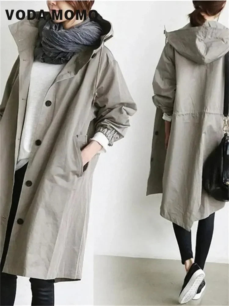 Spring Autumn Casual Korean Fashion Hooded Medium Long Overcoat Loose Windproof Coat Women Trench Coat Solid Color Pocket