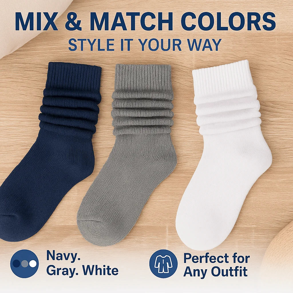 3-Pack Extra Long Navy Gray and White Slouch Socks for Women Knee-High Cotton Blend for All-Day Comfort