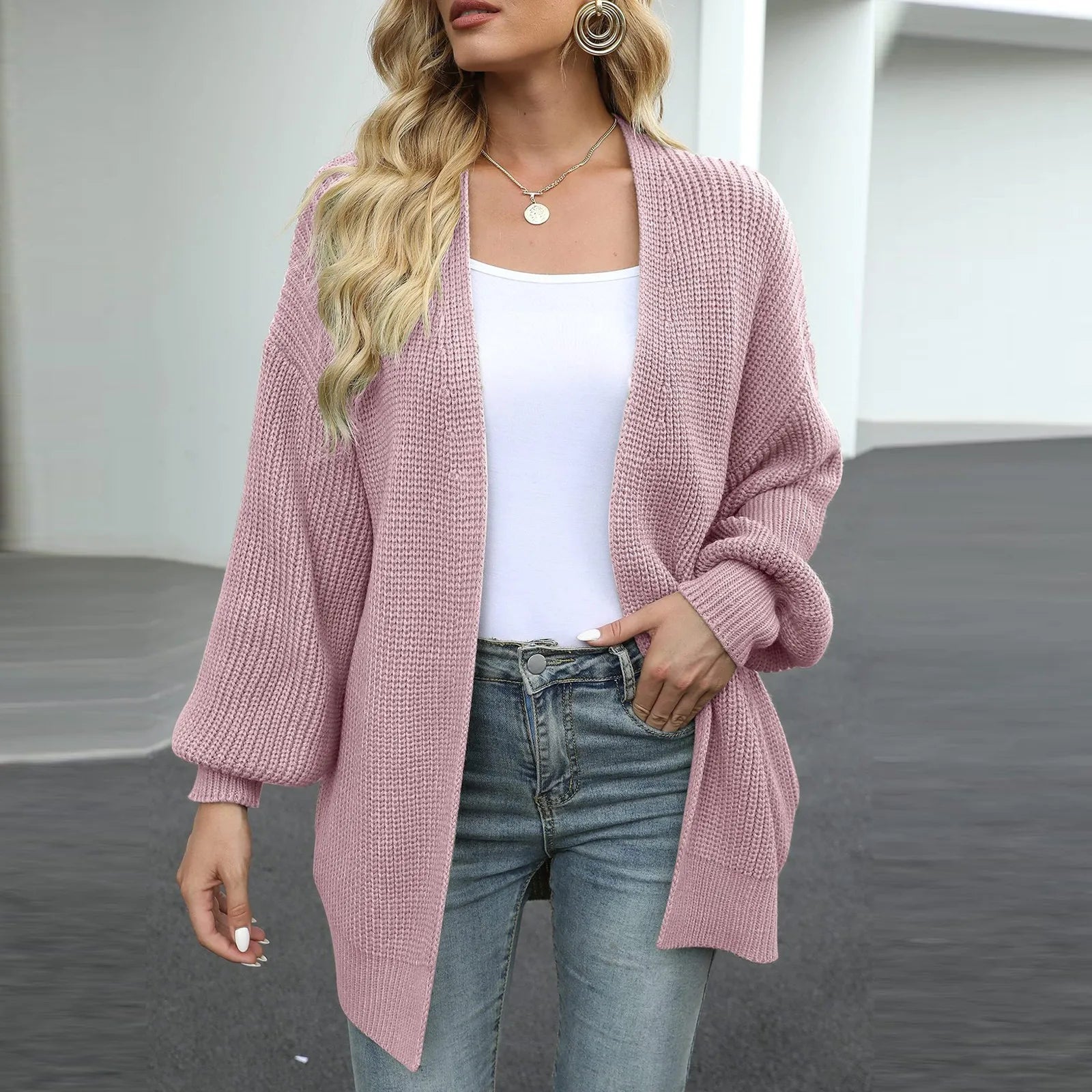 Autumn And Winter Women's Solid Color New Sleeve Coarse Wool Pocket Knitted Cardigan Sweater Sweater For Women S-2XL