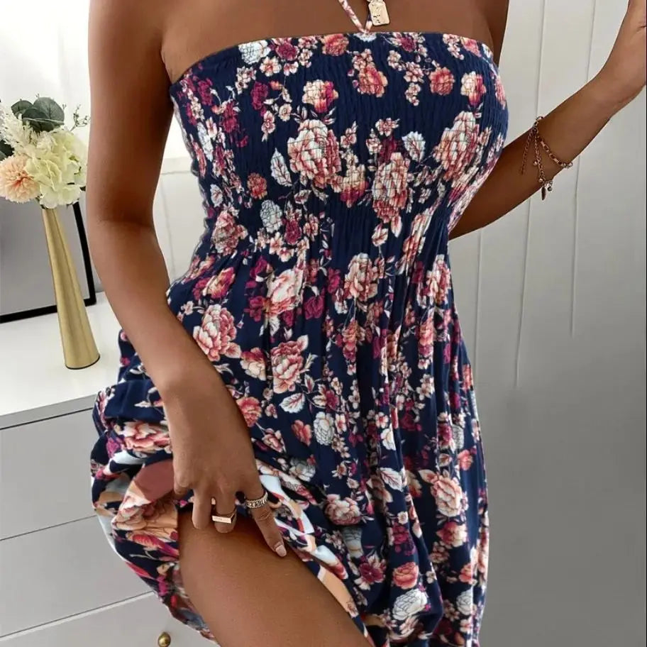Floral Print Halter Neck Dress Vacation Style Shirred Bust Dress For Spring & Summer Women's Clothing