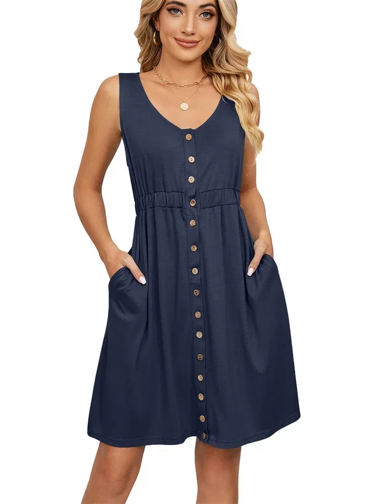Vintage Elegant Summer Casual A-Line Womens Pullover Loose Pocket Dress Chic O-Neck Solid Sleeveless Long Dresses For Women