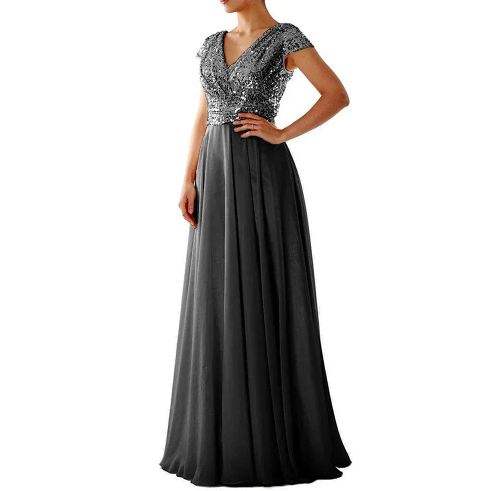 Sequins V-neck Dress Women New Cocktail Party Dresses Summer Maxi Long Bodycon Elegant Dress Vestidos Party Evening Dress