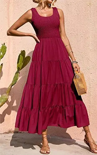 Dresses For Women Summer Sexy Elegant Sleeveless Floral Solid Color Long Dress Fashion Elastic Waist Beach Party Big Swing