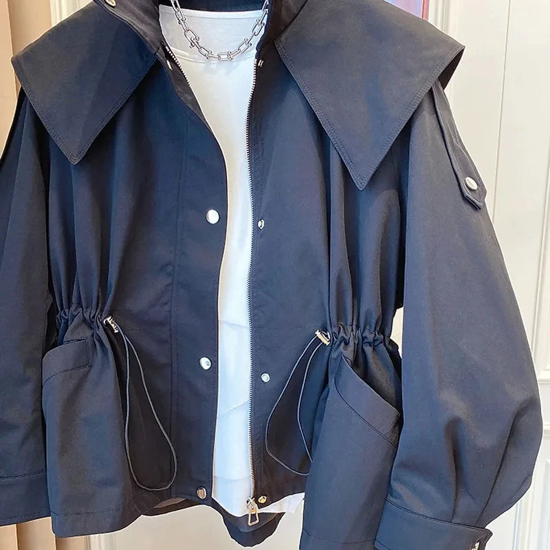 Spring Autumn Oversized Casual Waterproof Khaki Windbreaker Women Long Sleeve Hood Drawstring Zipper Jacket