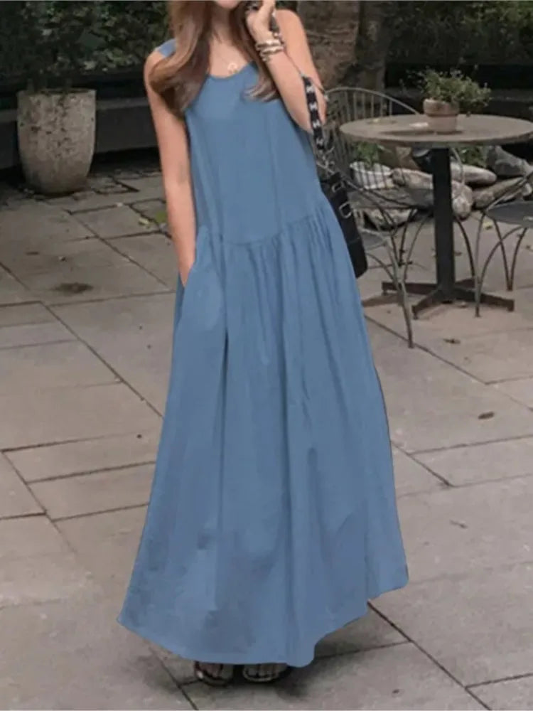 Summer Casual O-neck Sleeveless Loose Solid Long Dress Women Fashion Elegant Office Holiday Beach Party Boho Dresses Robe Femme