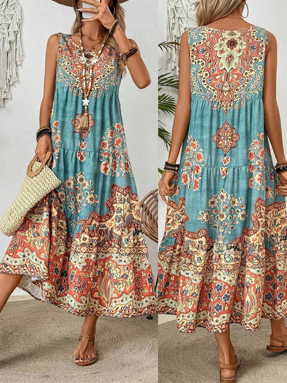 Summer print crew-neck sleeveless dress for women  suitable for casual or beach wear for holiday and long holiday