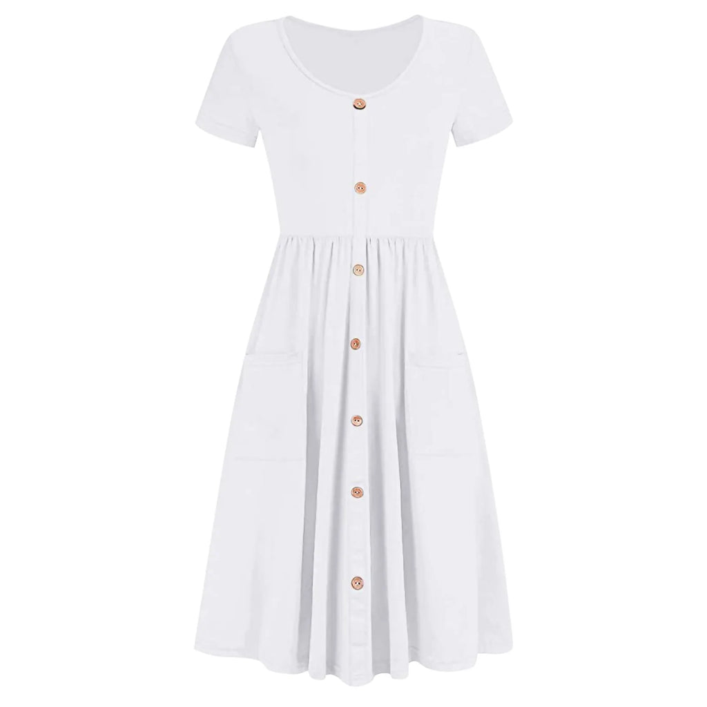 Casual Loose Tank Sundress V-Neck Cotton Button Down Knee Length Dress with Pocket Monochromatic Short Sleeve Short Dresses 원피스