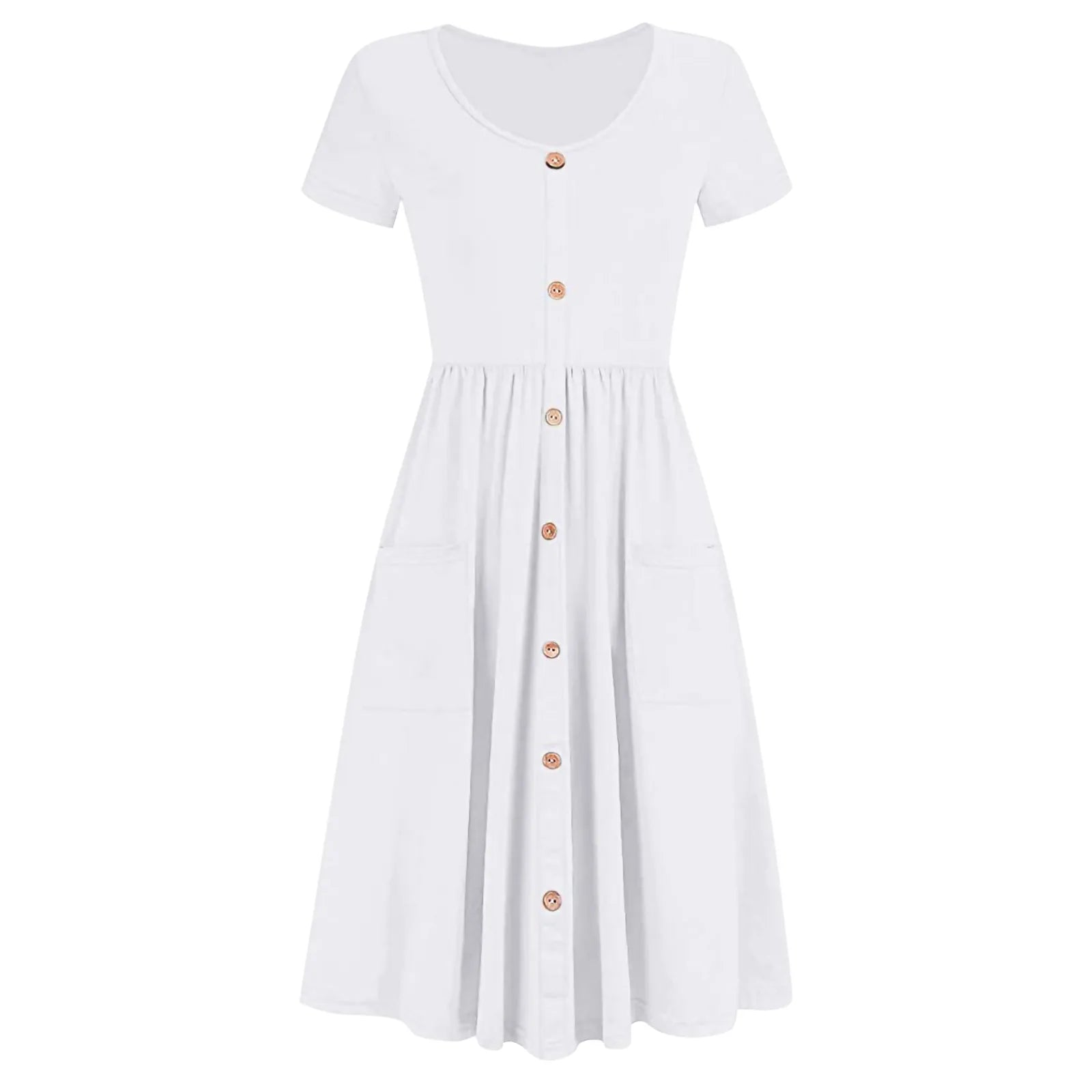 Casual Loose Tank Sundress V-Neck Cotton Button Down Knee Length Dress with Pocket Monochromatic Short Sleeve Short Dresses 원피스