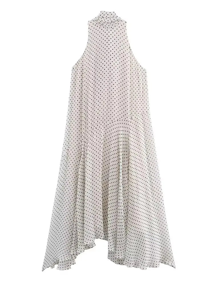 Polka Dot Print Dresses For Women 2025 New Summer Elegant Chic Sleeveless Stand Collar Long Dress Back Bow Lace Up Midi Dresses