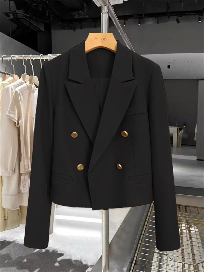 Cropped Blazers Woman Clothing 2025 New All-match Korean Chic Tops Double-breasted Suit Coat Ladies Office Suit Female Outerwear