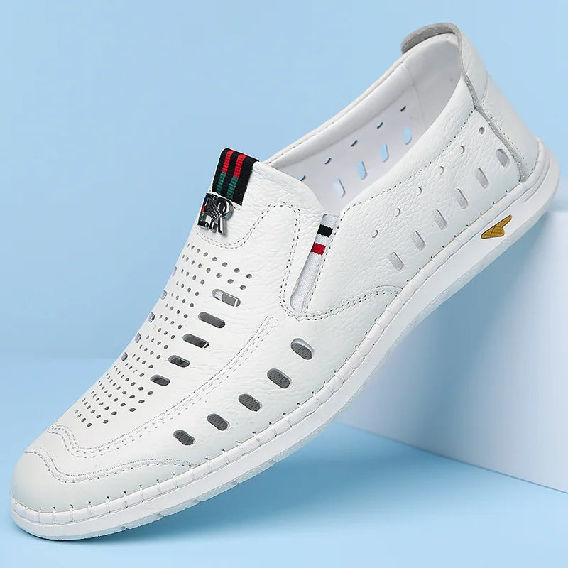 2025 Shoes for Men Genuine Leather Casual Shoes Summer New Hollow Out Slip-on Loafers Fashion Leather Sandals