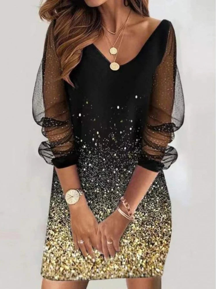 Sexy Mesh Sleeves V Neck Sequins Print Slim Bodycon Dress Women Long Sleeves Causal Dress Elegant Club Party Vestidos