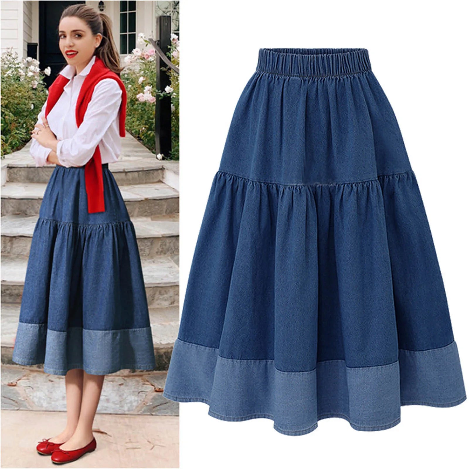 Blue Denim Skirt Womens High Waist Tiered Long Skirts Denim Elastic Casual Dress Elastic Waist A Line Jeans Skirt Girls Clothes
