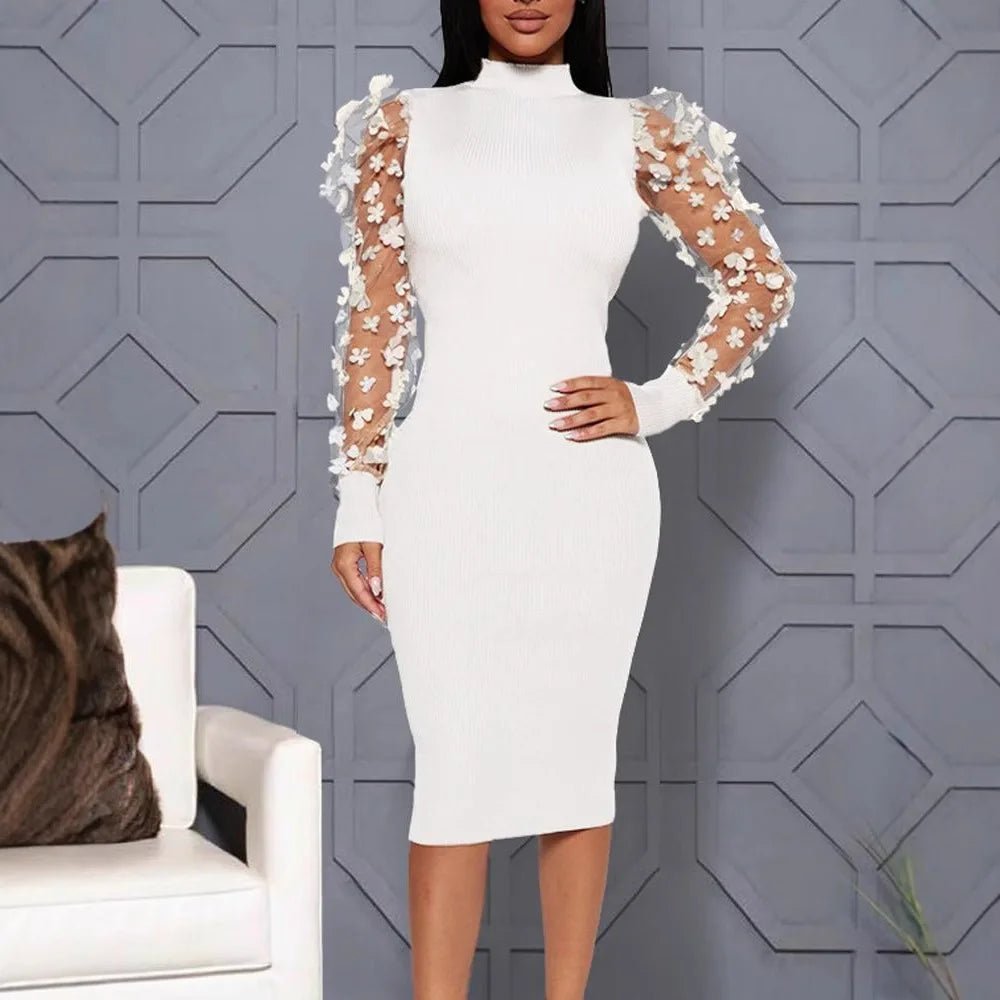 Women Petal Mesh Yarn Sleeve Bodycon Slim Dress Solid Color O Neck Summer Fashion Dress