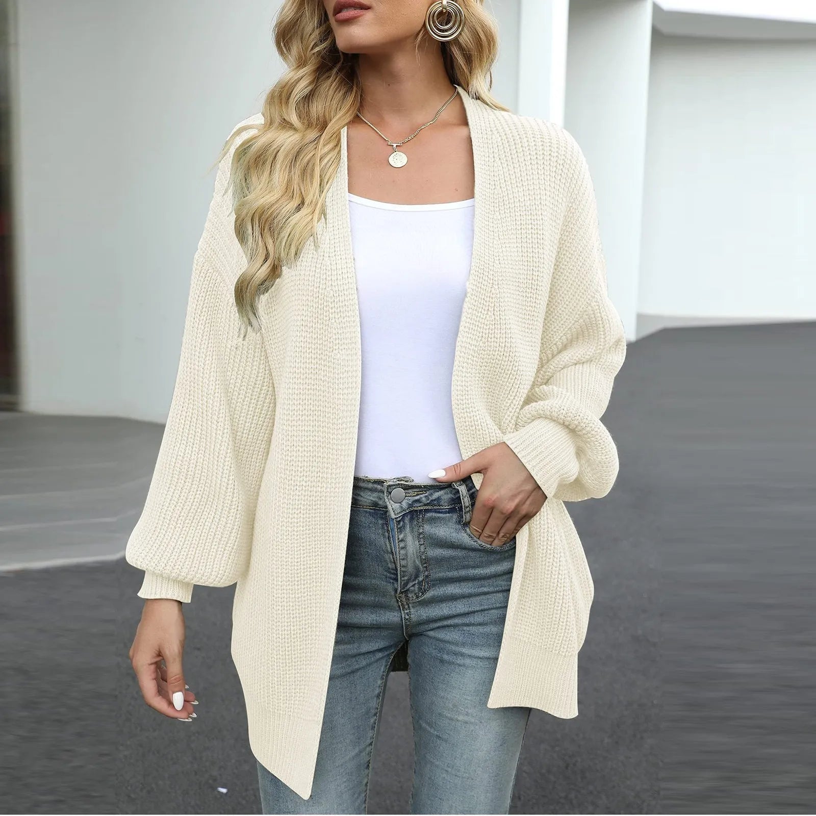 Autumn And Winter Women's Solid Color New Sleeve Coarse Wool Pocket Knitted Cardigan Sweater Sweater For Women S-2XL