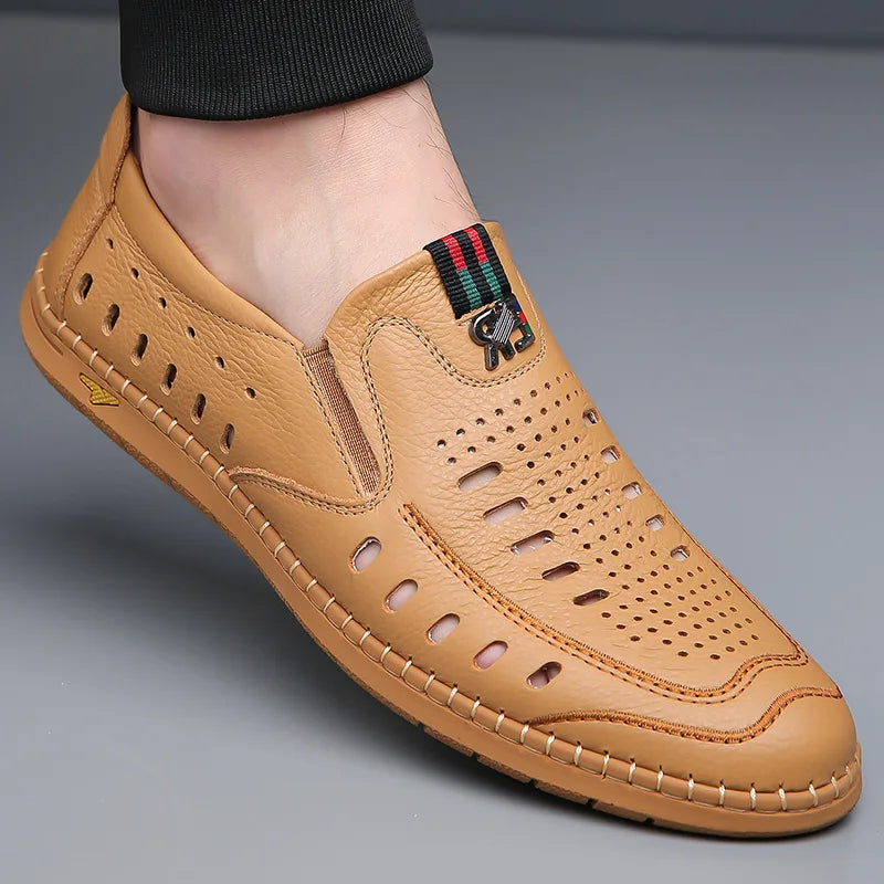 2025 Shoes for Men Genuine Leather Casual Shoes Summer New Hollow Out Slip-on Loafers Fashion Leather Sandals
