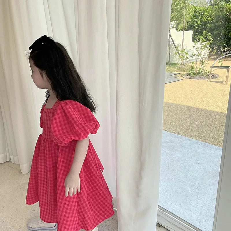 Grid Bandages Bow Red  Puffy Sleeves Kids Dresses for Girls  Clothes    Kids Clothes  Cute  Princess Dress for Girls  3t-7t Year