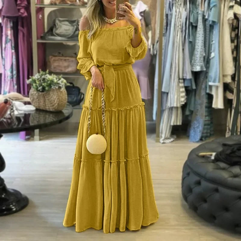 Summer Ruffle Edge Boho Sexy Off-The-Shoulder Long Dress Women's Fashionable Outside Market Fast Selling