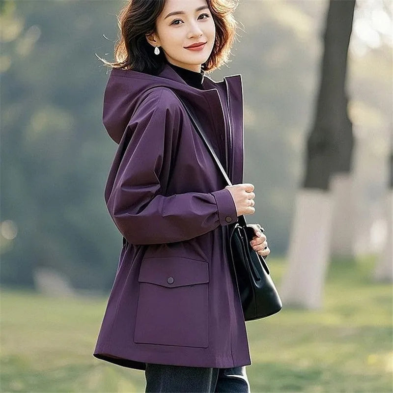 Super Good-Looking Women's Wear Slim Windbreaker Coat Hooded Jacket 2025 New Retro Female Explosive Purple Trench Coat Outwear