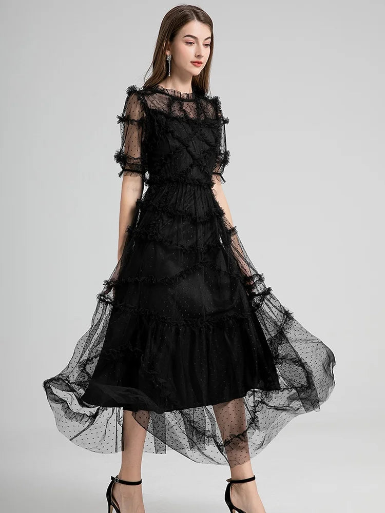 Long Summer Cake Prom Dress Women's Elegant Dot Robe Luxury Ruffles Gauze Mesh Embroidery Edible Tree Fungus Wedding Vestido