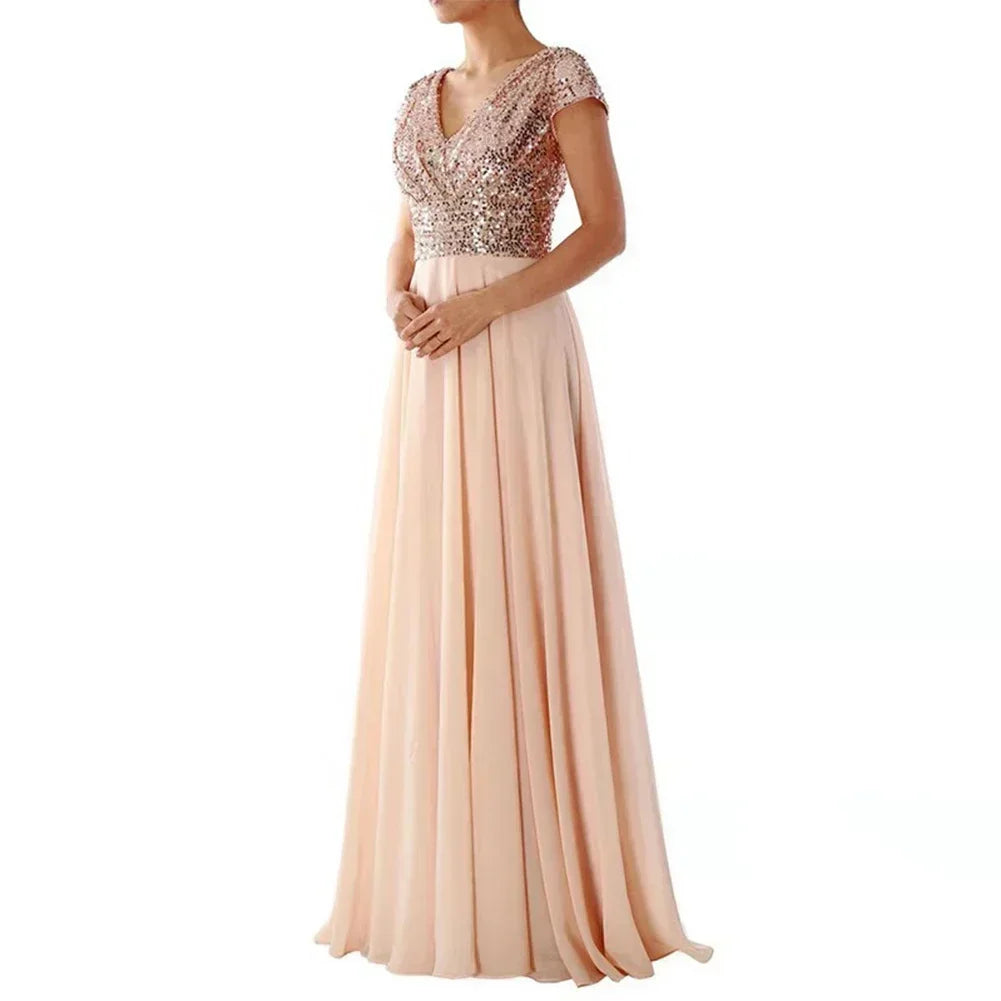 Sequins V-neck Dress Women New Cocktail Party Dresses Summer Maxi Long Bodycon Elegant Dress Vestidos Party Evening Dress