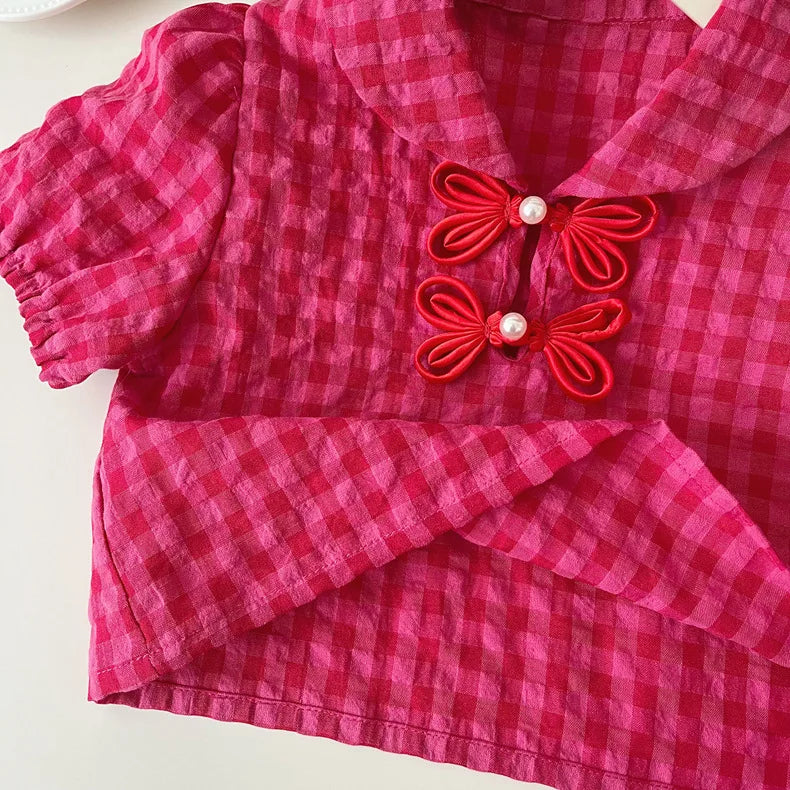 Children's Clothing Sets Plaid Sleeveless Top + Skirt 2pcs Sets Traditional Chinese Style Girl Clothes 2 To 7 Years Outfit Set