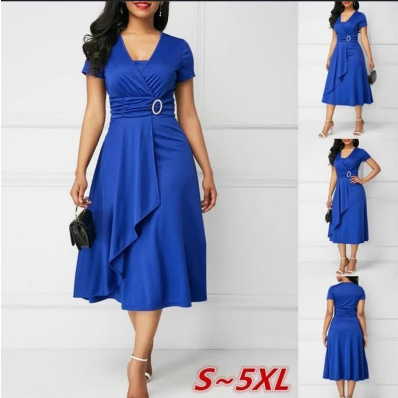 Plus Size Dress Elegant Women Solid Color Short Sleeve V Neck Asymmetric Hem Waist Tight Midi Party Dress Ladies Evening Vestido